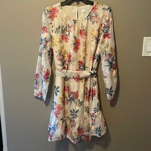 Loft size 6 shimmery floral long sleeve dress with tie belt - worn once
